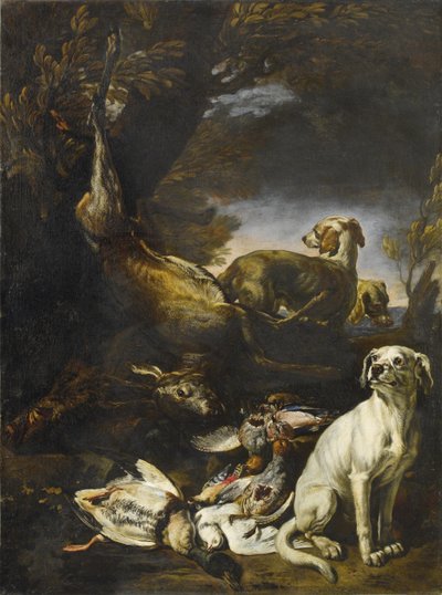 Gibier abattu gardé par des chiens dans un paysage forestier - David de Coninck